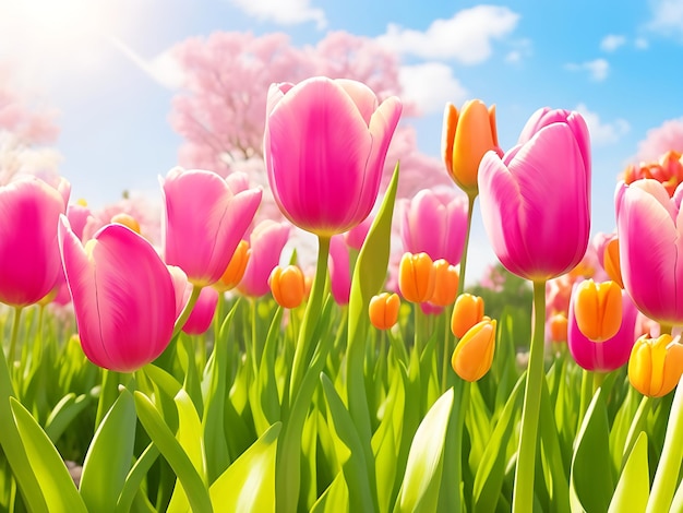 Bellissimi fiori di tulipani che sbocciano nel giardino sotto la luce del sole Generato dall'intelligenza artificiale