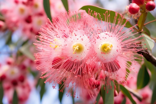 Bellissimi fiori e boccioli rosa dell'albero della gomma