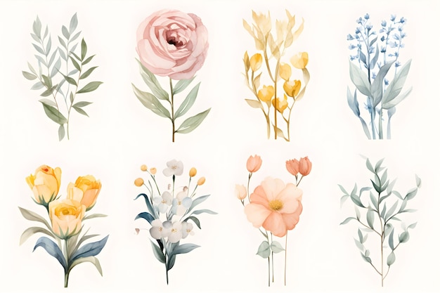 Bellissimi fiori e foglie colorati in acquerello dipinto su sfondo bianco colore dell'acqua bouquet disegnato a mano sfondo e carta da parati Generative Ai