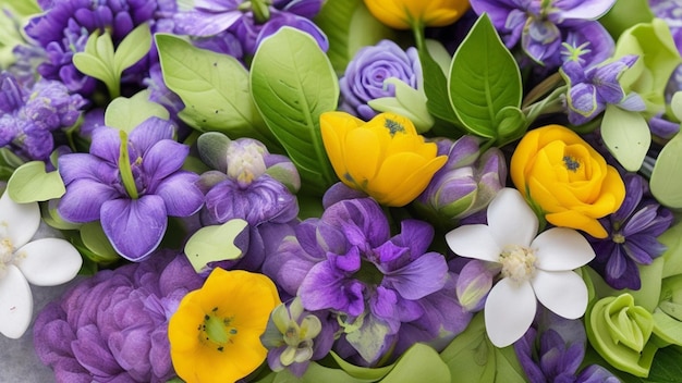 Bellissimi fiori e foglie primaverili su sfondo bianco con spazio negativo