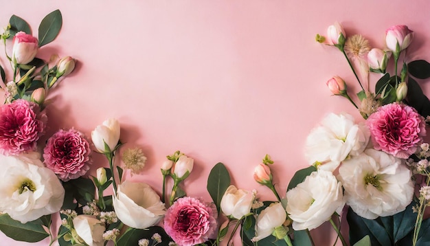 Bellissimi fiori e foglie su sfondo rosa spazio di copia confine floreale Natura e piante estive