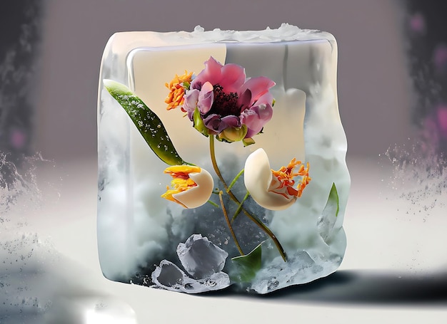 Bellissimi fiori e un oggetto blob sono congelati in un blocco di ghiaccio isolato su sfondo warmgrey