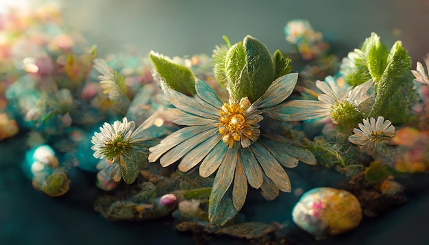 Bellissimi fiori esotici e piante esotiche in diverse tonalità in primo piano, rendering 3D