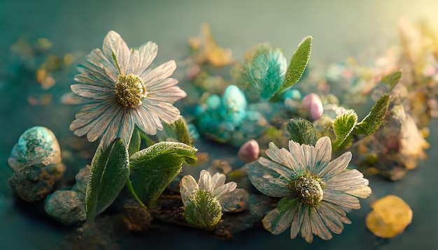 Bellissimi fiori esotici e piante esotiche in diverse tonalità in primo piano, rendering 3D