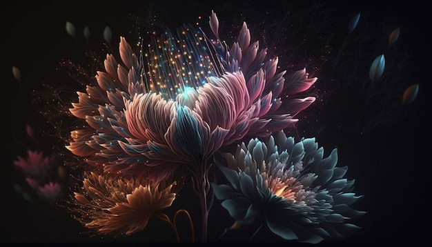 Bellissimi fiori fantasia come fuochi d'artificio su sfondo scuro IA generativa