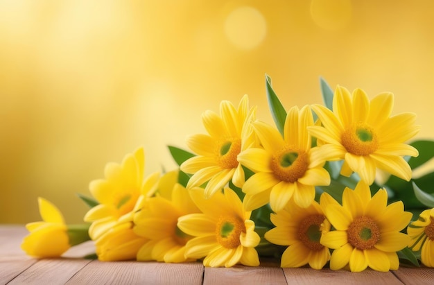 Bellissimi fiori gialli freschi con foglie su uno sfondo giallo brillante spazio di copia