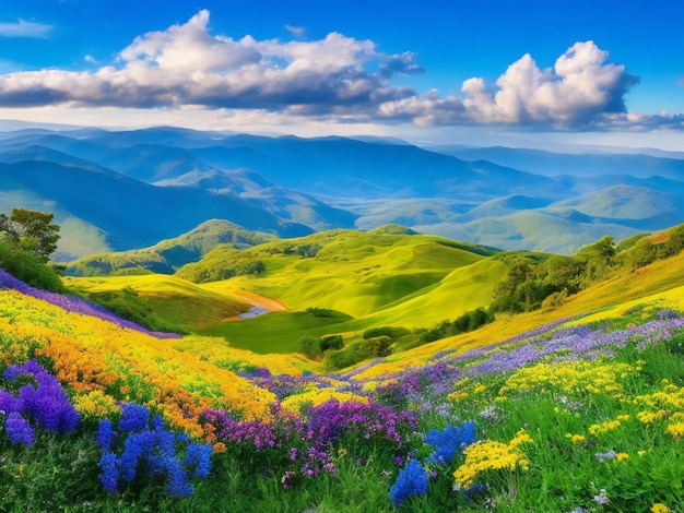 bellissimi fiori in montagna con la bellezza naturale del cielo blu