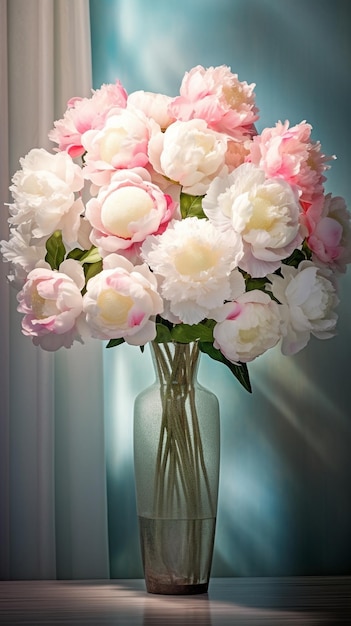 Bellissimi fiori in vaso di vetro Bellissimo bouquet di peonie bianche e rosa Comp floreale AI generativa