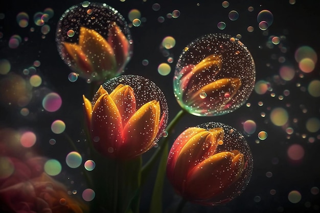 Bellissimi fiori magici di tulipani incandescenti con un bellissimo bokeh