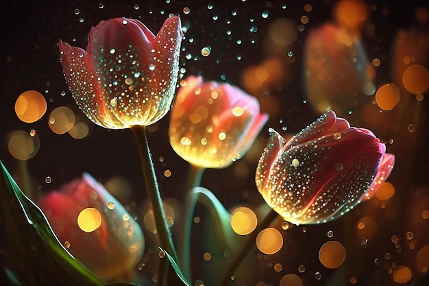 Bellissimi fiori magici di tulipani incandescenti con un bellissimo bokeh