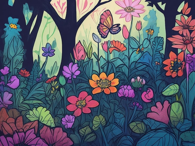 Bellissimi fiori nella foresta illustrazione di cartoni animati