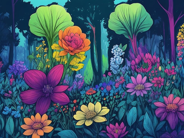Bellissimi fiori nella foresta illustrazione di cartoni animati