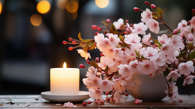 Bellissimi fiori primaverili con candele bianche sullo sfondo che lampeggiano creando un'atmosfera introspettiva pacifica