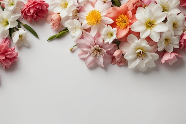 Bellissimi fiori primaverili su sfondo bianco vista superiore Spazio per il testo