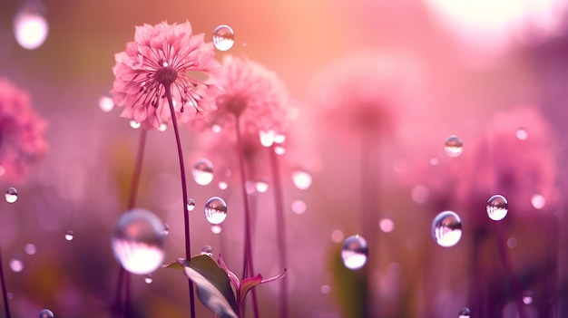 Bellissimi fiori rosa con gocce d'acqua su sfondo bokeh sfocato