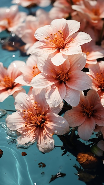 Bellissimi fiori rosa con gocce d'acqua sulla superficie dell'acqua