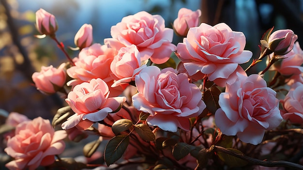 Bellissimi fiori rosa delicati spruzzano rose sullo sfondo generato dall'AI