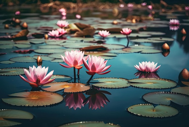 Bellissimi fiori rosa di loto o ninfea che fioriscono sullo stagno in estate