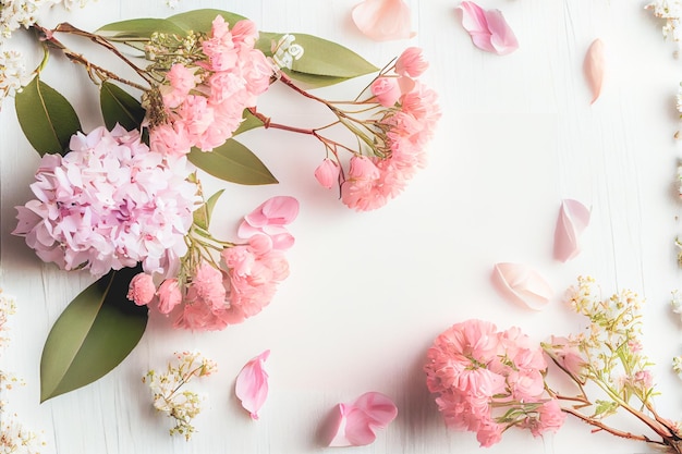 Bellissimi fiori rosa su fondo di legno bianco Concetto di San Valentino con spazio per la copia