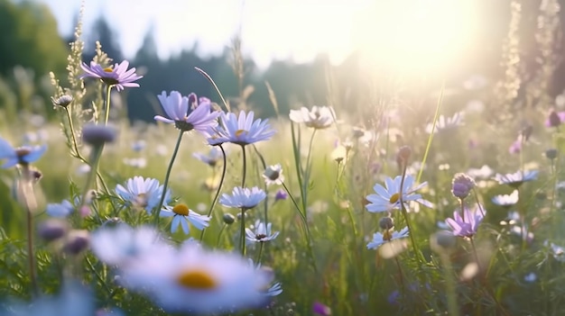 Bellissimi fiori selvatici camomilla viola piselli selvatici farfalla generativa AI