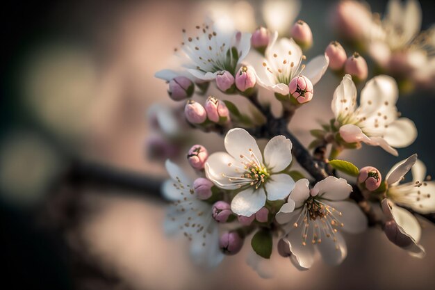 Bellissimi fiori su un albero in primo piano primaverile. Primo piano del fiore di Sakura. Generato dall'intelligenza artificiale