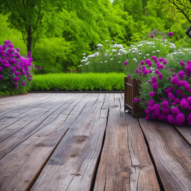 Bellissimi fiori su uno sfondo di legno Un pavimento in legno contro un bellissimo giardino di fiori