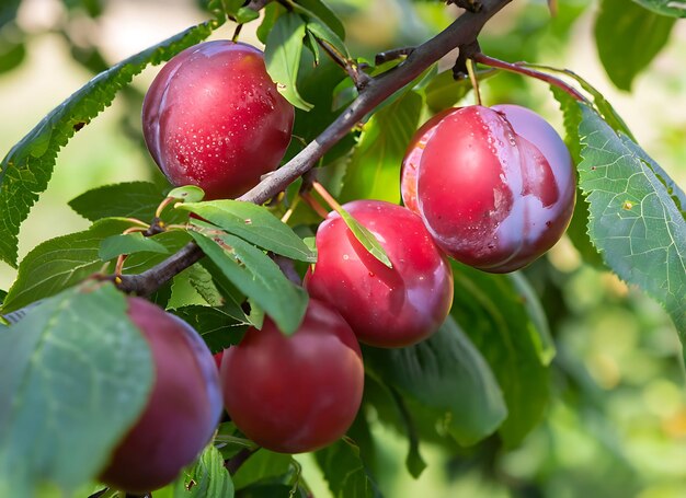 Bellissimi frutti di prugne rosse mature su un ramo d'albero