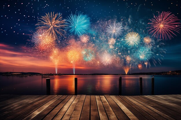 bellissimi fuochi d'artificio colorati sullo sfondo del cielo drak con terrazza in legno