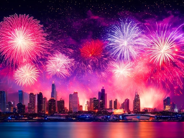 Bellissimi fuochi d'artificio con immagine di sfondo della città scaricata