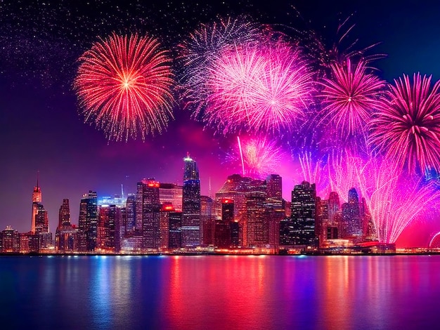 Bellissimi fuochi d'artificio con immagine di sfondo della città scaricata