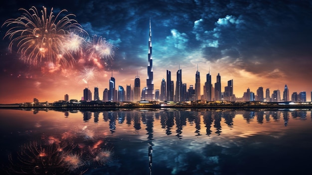 bellissimi fuochi d'artificio di Capodanno sullo sfondo della città di Dubai