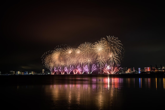 Bellissimi fuochi d'artificio festeggiano in mare