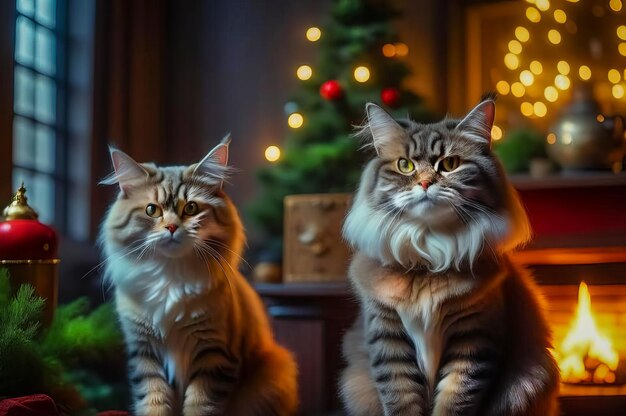 Bellissimi gatti carini con regali di Natale in un interno festivo