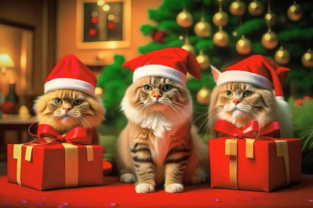 Bellissimi gatti carini con regali di Natale in un interno festoso