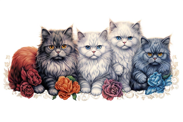 Bellissimi gatti con rose su uno sfondo bianco