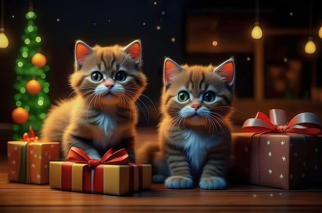 Bellissimi gattini carini con regali di Natale in un interno festivo