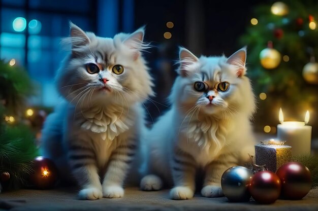 Bellissimi gattini carini con regali di Natale in un interno festivo