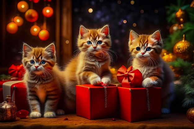 Bellissimi gattini carini con regali di Natale in un interno festoso