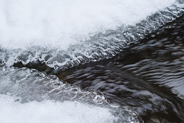 Bellissimi ghiaccioli e neve vicino al torrente