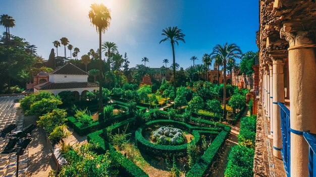 Bellissimi giardini nel Royal Alcazar di Siviglia in Spagna