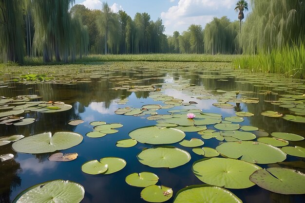 Bellissimi gigli d'acqua crescono in un'estate di palude verde