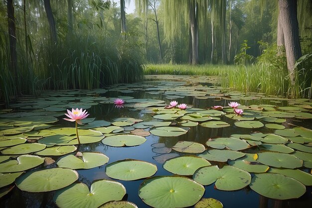 Bellissimi gigli d'acqua crescono in un'estate di palude verde