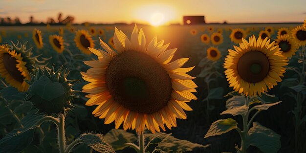 Bellissimi girasoli in un campo verde in una giornata di sole Luci calde