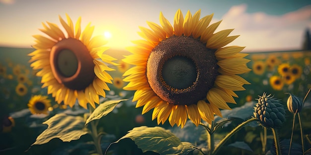 Bellissimi girasoli in un campo verde in una giornata di sole Luci calde