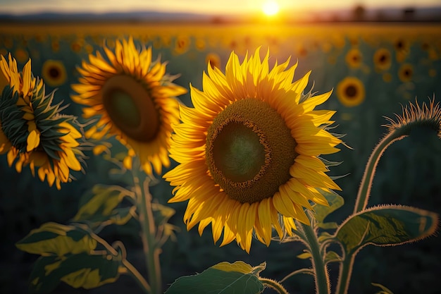 Bellissimi girasoli in un campo verde in una giornata di sole Luci calde