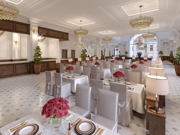 Bellissimi interni del ristorante in un hotel moderno con tavoli di stoffa bianca e sedie morbide, che servono tavoli con rose dal vivo. rendering 3d