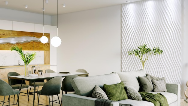 Bellissimi interni moderni della stanza con luce Design luminoso in stile scandinavo