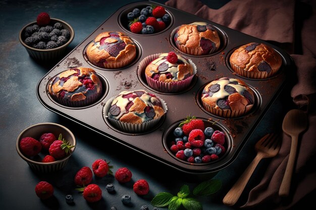 Bellissimi muffin appetitosi sulla teglia per la colazione