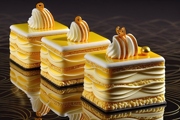 Bellissimi napoleoni in caramello giallo con crema e decorazione per dessert