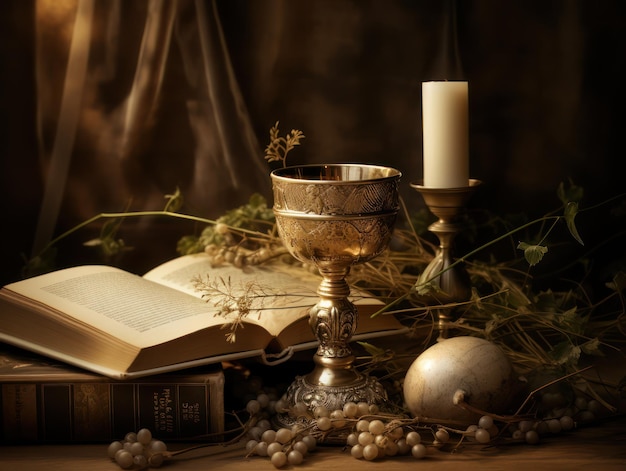 Bellissimi oggetti liturgici calice d'oro e libro aperto Bibbia calda luce soffusa sfondo Eucaristia